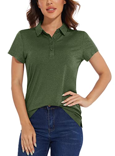 KEFITEVD Poloshirt Damen Outdoor Kurzarmshirt Polyester Sommershirt Stretch Shirt Freizeit Sportshirt UV Schutz Wandershirt Dünn Fitness Funktionsshirt Casual Laufshirt Dunkelgrün L von KEFITEVD