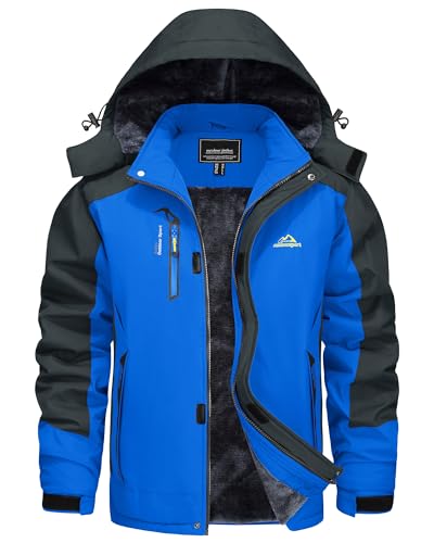 KEFITEVD Skijacke Herren Warm Gefüttert Jacke Übergangsjacke Winddicht Thermo Ski Jacke Outdoorjacke Multi Taschen Wasserdicht Regenjacke Männer Königsblau 2XL von KEFITEVD