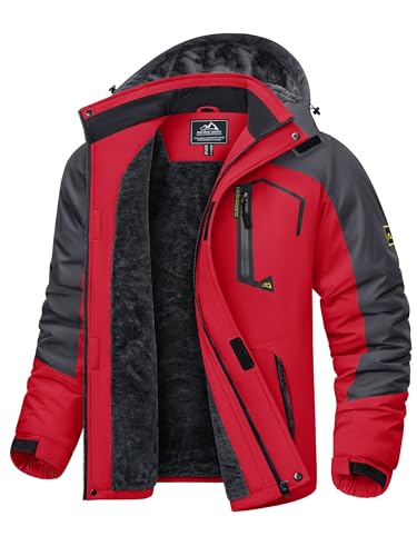 KEFITEVD Skijacke Herren Wasserdicht Atmungsaktiv Snowboardjacke Winter Warm Ski Jacke Herrenjacke Gefüttert Winterparka Snowboard Fleece Jacke mit Kapuze Rot S von KEFITEVD