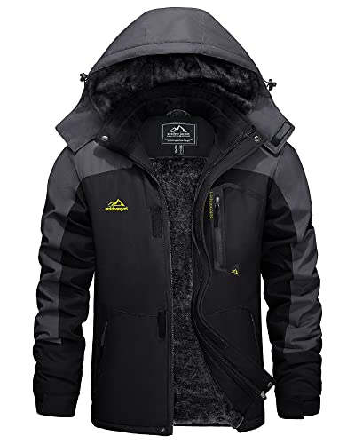 KEFITEVD Skijacke Herren Wasserdicht Atmungsaktiv Snowboardjacke Winter Warm Ski Jacke Herrenjacke Gefüttert Winterparka Snowboard Fleece Jacke mit Kapuze Schwarz-grau L von KEFITEVD