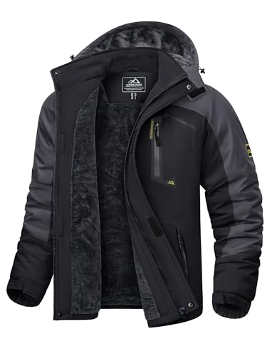 KEFITEVD Skijacke Herren Wasserdicht Atmungsaktiv Snowboardjacke Winter Warm Ski Jacke Herrenjacke Gefüttert Winterparka Snowboard Fleece Jacke mit Kapuze Schwarz-grau CN 2XL, EU M von KEFITEVD