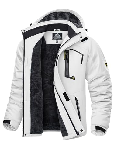 KEFITEVD Skijacke Herren Winddicht Softshelljacke Winter Warm Outdoorjacke mit Kapuze Wasserabweisend Atmungsaktiv Übergangsjacke für Snowboard Wandern Weiß L von KEFITEVD