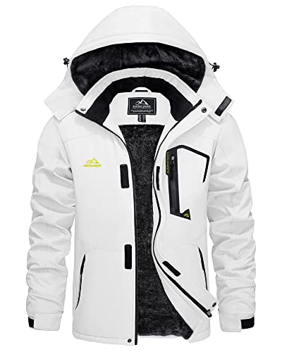 KEFITEVD Skijacke Herren Winddicht Softshelljacke Winter Warm Outdoorjacke mit Kapuze Wasserabweisend Atmungsaktiv Übergangsjacke für Snowboard Wandern Weiß M von KEFITEVD