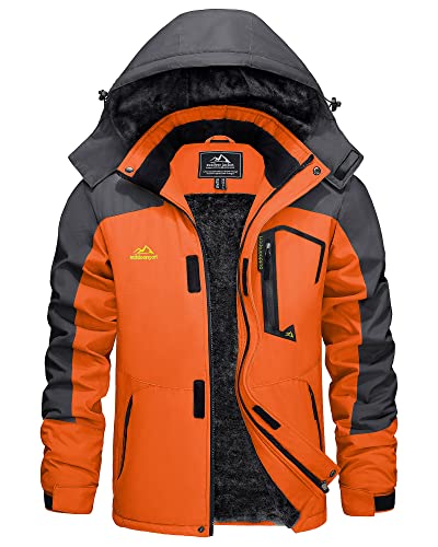 KEFITEVD Snowboardjacke Herren Thermo Winter Jacke Outdoor Wasserabweisend Softshelljacke Fleece Gefütterte Kapuzenjacke mit Mehrere Taschen Grau-orange 3XL von KEFITEVD