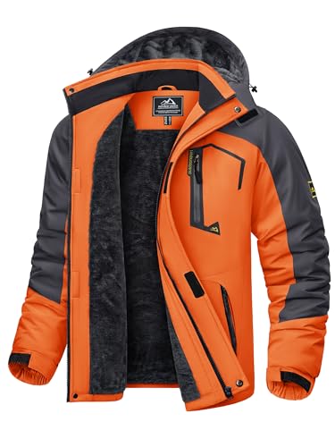 KEFITEVD Snowboardjacke Herren Thermo Winter Jacke Outdoor Wasserabweisend Softshelljacke Fleece Gefütterte Kapuzenjacke mit Mehrere Taschen Grau-orange 3XL von KEFITEVD
