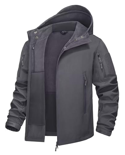 KEFITEVD Softshell Jacke Herren Winter Herbst Outdoorjacke Warm Jacke Übergangsjacke Viele Taschen Outdoor Jacke Atmungsaktiv mit Kapuze Army Jacket Grau 2XL von KEFITEVD