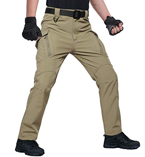 KEFITEVD Softshellhose Herren Gefüttert Wasserdicht Wanderhose Winter Thermo Hose Männer Militär Taktisch Hose Skihose mit Taschen Warm Trekkinghose Khaki 34 von KEFITEVD