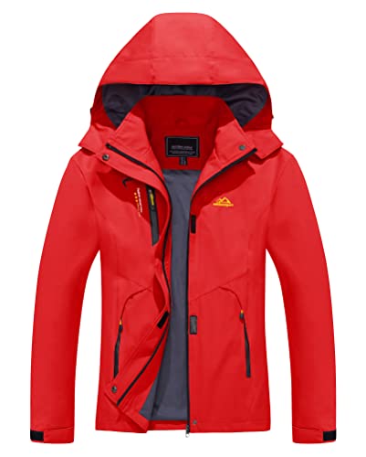 KEFITEVD Softshelljacke Damen Wasserabweisend Atmungsaktiv Outdoorjacke mit Abnehmbarer Kapuze Stehkragen Freizeitjacke mit Reißverschluss Brusttasche Rot L von KEFITEVD