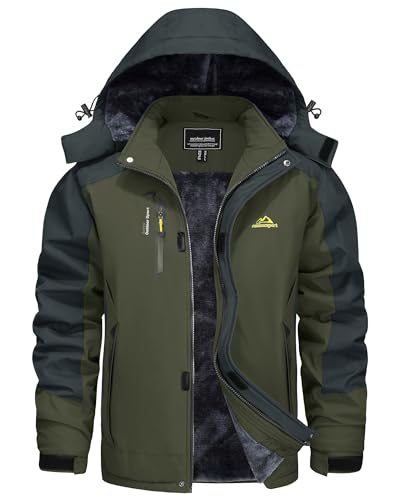 KEFITEVD Winterjacke Herren Skijacke Atmungsaktiv Wanderjacke Fleece mit Kapuze Outdoorjacke Verdickt Snowboardjacke Armeegrün XXL von KEFITEVD