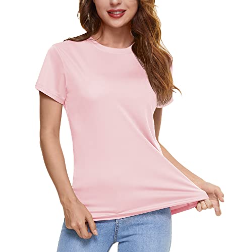 KEFITEVD Sport T-Shirt Damen Schnell Trocknend Rashguard Elastisch Gym Shirt Yoga Top Laufen Workout Pink M von KEFITEVD