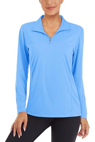 KEFITEVD Sportoberteil Sonnenschutz Langarm Outdoor Laufshirt Stehkragen 1/4 Zip Unifarben SPF50+ Poloshirt Leicht Dünn Sommershirt Wasserfallblau von KEFITEVD