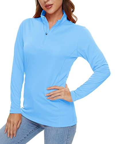 KEFITEVD Sportoberteil Sonnenschutz Langarm Outdoor Laufshirt Stehkragen 1/4 Zip Unifarben SPF50+ Poloshirt Leicht Dünn Sommershirt Wasserfallblau von KEFITEVD