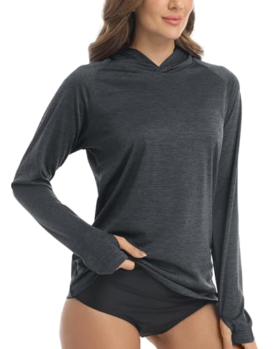 KEFITEVD Sportshirt Damen Langarm Hoodie Sommer Outdoorshirt Daumenloch Langarmshirt Rash Guard Funktionsshirt Sport Lauftop Casual Kapuzenshirt Jogging Oberteil mit Kapuze Schwarz Meliert 2XL von KEFITEVD