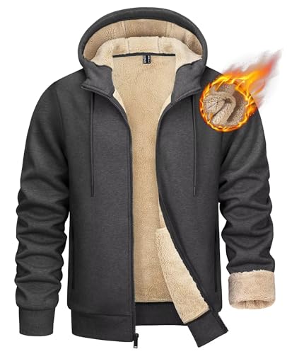 KEFITEVD Sweatjacke Herren Warm Gefüttert Winterjacke mit Kapuze Winter Dick Kapuzenjacke mit Reißverschluss Fleece Innenfutter Freizeitjacke Meliert Dunkelgrau L von KEFITEVD