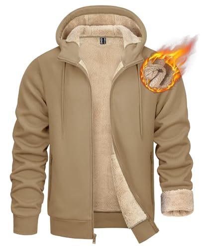 KEFITEVD Sweatjacke Herren mit Kapuze Fleece Gefüttert Jacke Warm Baumwolle Kapuzenjacke Winddicht Atmungsaktiv Sportjacke Freizeit Verdickt Outdoorjacke Khaki S von KEFITEVD