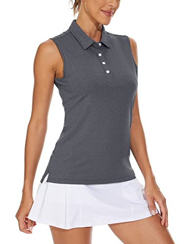 KEFITEVD Tennis Shirt Damen Ärmellos mit Polokragen Sommershirt Polyester Leicht Freizeitshirt Atmugnsaktiv Funktionsshirt Golf Fitness Meliert Dunkelgrau 2XL von KEFITEVD