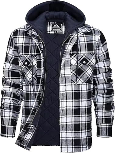 KEFITEVD Thermohemd Herren Winter Hooded Übergangsjacke Kordelzug Plaid Futter Jacke Casual Flanell Arbeitshemd mit Mehreren Taschen Schwarz 3XL von KEFITEVD