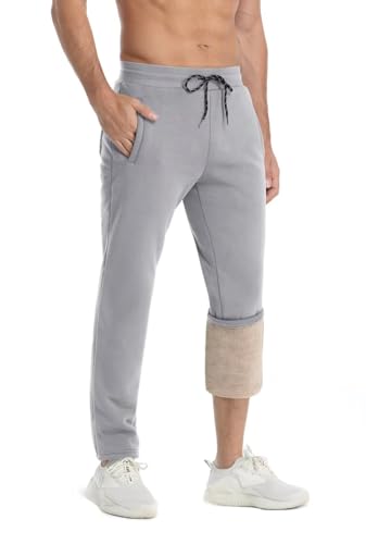 KEFITEVD Trainingshose Herren Baumwolle Fleecehose Sherpa Futter Jogginghose Winter Outdoor Thermohose mit Taschen Herbst Casual Freizeithose für Arbeit Fitness Hellgrau 32 von KEFITEVD