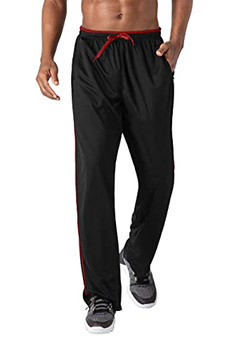 KEFITEVD Trainingshose Herren Lang Polyester Turnhose Training Pants Männer Casual Dünn Sporthose Offen Beinabschluss Atmungsaktiv Jogger Hose Schwarz-Rot M von KEFITEVD