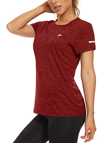 KEFITEVD Trainingsshirt Damen Kurzarm Polyester Oberteil Leicht Stretch Sporthemd Frühling Sommer Freizeit Shirt Schnell Trocken Outdoorshirt Meliert Dunkelorange L von KEFITEVD