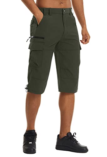 KEFITEVD Herren 3/4 Cargohose Sommer Atmungsaktiv MTB Hose Capri Funktions Radhose Outdoor Sommerhose Trekkinghose mit Stretchbund Wasserabweisend Anglerhose Wandern Arbeiten Dunkeloliv 34 von KEFITEVD