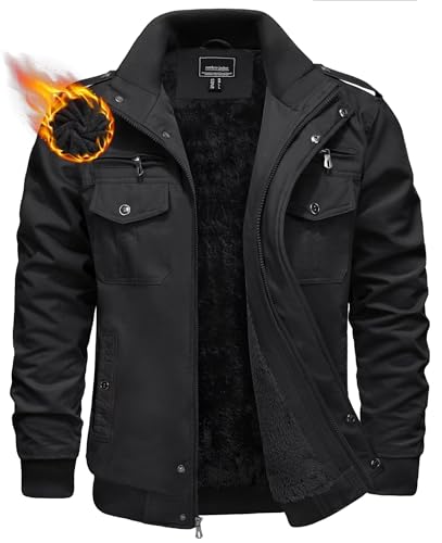 KEFITEVD Übergangsjacke Herren Fleece Gefüttert Winterjacke Army Feldjacke Retro Bomberjacke Winter Männer Jacke Schwarz 2XL von KEFITEVD