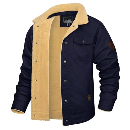 KEFITEVD Herren Winter Ripstop Cargo Jacken Knöpfbare Sherpa Fleece Gefütterte Jacken Revers Pelzkragen Jacken Warme Winddichte Oberbekleidung Navy von KEFITEVD