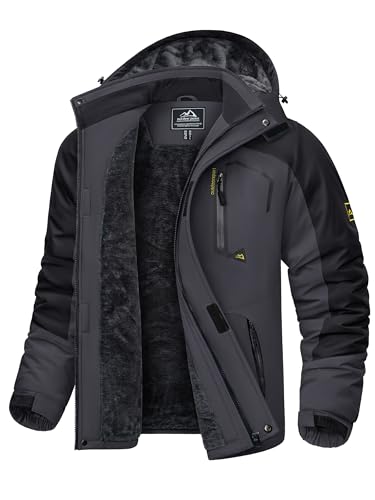 KEFITEVD Übergangsjacke Herren Winter Warme Wanderjacke Wasserdicht Outdoor Jacke Jagdjacke Viele Taschen Herrenjacke mit Kapuze Trekkingjacke Grau-Schwarz 2XL von KEFITEVD