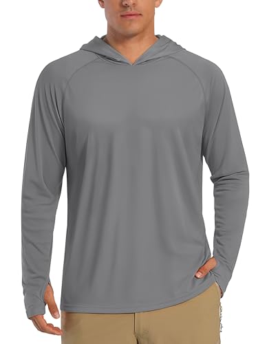 KEFITEVD Herren UPF 50+ UV Shirt Sonnenschutz Langarm T-Shirt Quick Dry Outdoorshirt Hoodies Kapuzenpullover für Surf Hellgrau M von KEFITEVD