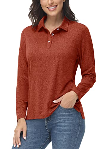 KEFITEVD UV Shirt Damen Atmungsaktiv Polo Laufshirt Dünn Schnelltrocknend Golf Tshirt Frühling Langarm Oberteil Funktions Leicht Poloshirt Meliert Dunkelorange L von KEFITEVD