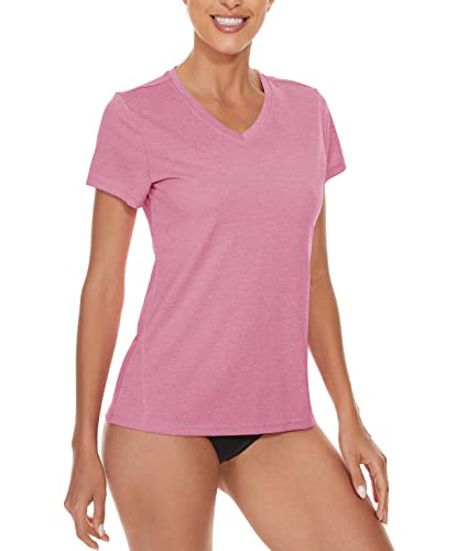 KEFITEVD V-Neck Fitness T-Shirt Damen Kurzarm Sport Top Leicht Atmungsaktiv Funktionsshirt Lässig Sportshirt Meliert Rosa L von KEFITEVD