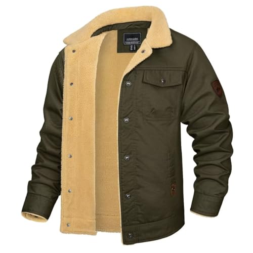 KEFITEVD Herren Fleece Trucker Jacken Thermo Cargo Jacke Winter Warm Sherpa Gefütterte Jacken Herren Revers Arbeitsjacke Wintermantel Armee Grün von KEFITEVD