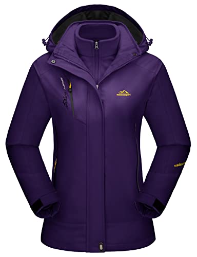 KEFITEVD Winterjacke Damen Warm Fleece 3-in-1 Jacke Outdoorjacke Angelbekleidung Winter Wanderjacke Ski Jacket Wasserdicht Stehkragen Trekking Jacke Dunkelviolett XL von KEFITEVD