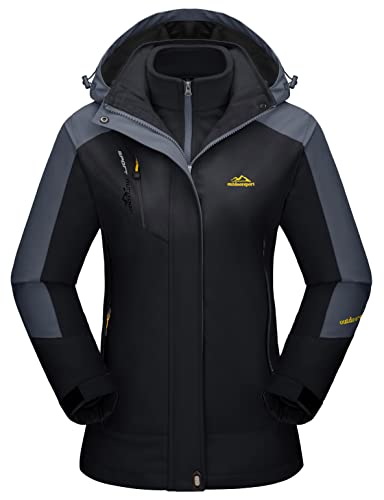 KEFITEVD Winterjacke Damen Wasserdicht Warm Herbst Winter Jacke mit Innenjacke 3-in-1 Regenjacke Fleecejacke Viele Taschen Softshell Wanderjacke Schwarz M von KEFITEVD