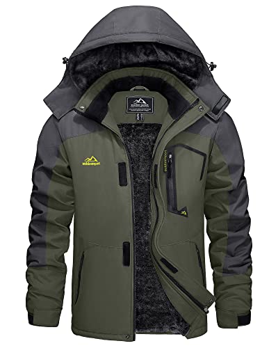 KEFITEVD Winterjacke Herren Skijacke mit Kapuze Warme Jacke Übergangsjacke Gefüttert Arbeitsjacke mit Multi Taschen Dicke Hardshelljacke Männer Kurz Parka Winter Dunkeloliv 2XL von KEFITEVD