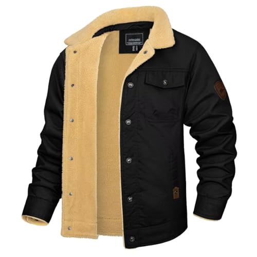 KEFITEVD Winter Sherpa Fleece Gefütterte Jacke Winter Cargo Jacken für Männer Fleece Stehkragen Mantel Herren Thermo Baumwolle Jacken Schwarz von KEFITEVD