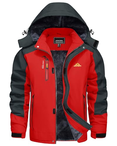 KEFITEVD Winterjacke Herren Wasserdicht Warm Skijacke Winter Jacke Outdoor Herrenjacke mit Kapuze Angeljacke Fleecejacke Reißverschluss Winterparka Rot S von KEFITEVD