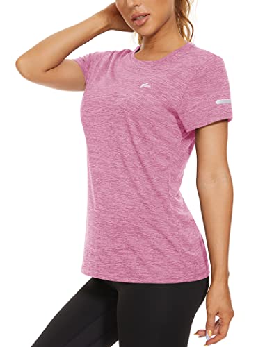 KEFITEVD Yoga Shirt Damen Kurzarm Leicht Wandershirt mit Rundhalsausschnitt Stretch Polyester Tshirt Atmungsaktiv Dünn Sommershirt Regular-Fit Oberteil Meliert Rosa L von KEFITEVD