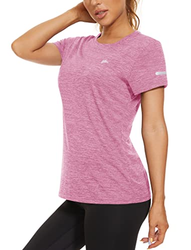 KEFITEVD Yoga Shirt Damen Kurzarm Leicht Wandershirt mit Rundhalsausschnitt Stretch Polyester Tshirt Atmungsaktiv Dünn Sommershirt Regular-Fit Oberteil Meliert Rosa M von KEFITEVD