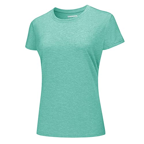 KEFITEVD Yoga Shirt Damen Kurzarm Schnelltrocknend Laufshirt Leicht Wandern Tshirt Stretch Polyester Sportoberteil Atmungsaktiv Dünn Sommershirt Meliert Hellgrün M von KEFITEVD