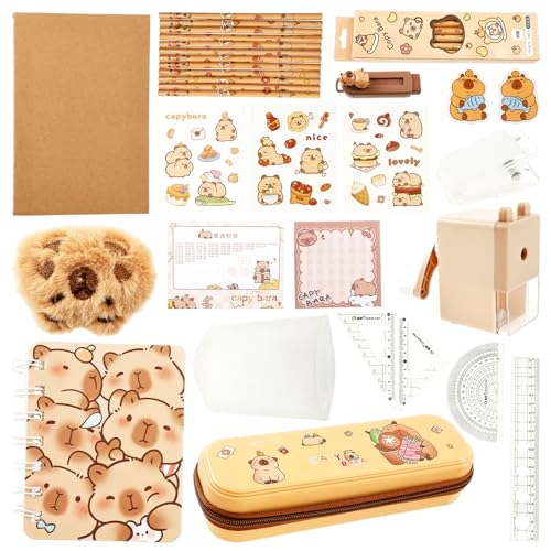 KEGAJEGA 38 Stück Capybara Schreibwaren Set mit Bleistift Notizbuch Haftnotizen Aufkleber Stifthalter Bleistiftspitzer Plüschbrosche Capybara Federmäppchen für Kinder Studenten von KEGAJEGA