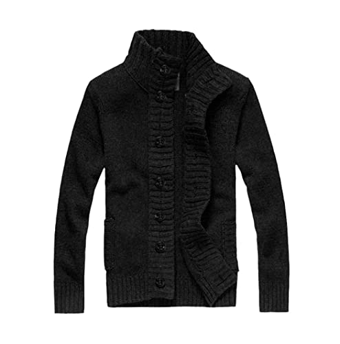 KEHAIOO Herren Herbst Winter Pullover Cardigan Stehkragen Knöpfe Up Taschen Verdicken Strickpulli Mantel Jacke, Schwarz , Medium von KEHAIOO