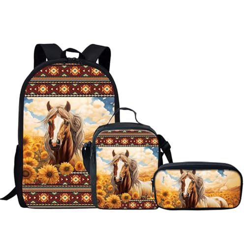 KEIAHUAN 3-teiliges Rucksack-Set, Schulrucksack für Mädchen, Jungen, Grundschule, Schultaschen, Büchertasche, Studenten, Rucksack, isolierte Lunchtasche und Federmäppchen, Azteken-Sonnenblumen-Motiv von KEIAHUAN