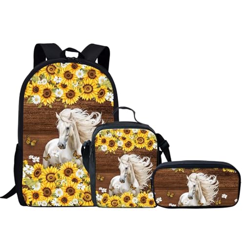 KEIAHUAN Rucksack für Jungen und Mädchen, 3-in-1, mit Lunchtasche und Federmäppchen, Pferd Sonnenblume, Large, Tagesrucksäcke von KEIAHUAN