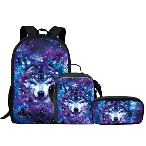 KEIAHUAN Rucksack für Jungen und Mädchen, 3-in-1, mit Lunchtasche und Federmäppchen, Violetter Galaxiewolf, Large, Rucksack, Rucksäcke von KEIAHUAN