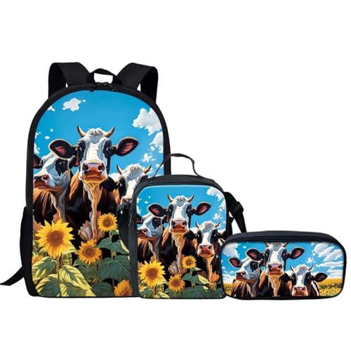 KEIAHUAN Schulrucksack mit Kuh-Sonnenblumen-Motiv, für Mädchen und Jungen, mit Lunchbox, Federmäppchen, lustige Schultasche, Kinder-Büchertaschen, Mittelschule, Tagesrucksack, 3-in-1, 43,2 cm von KEIAHUAN