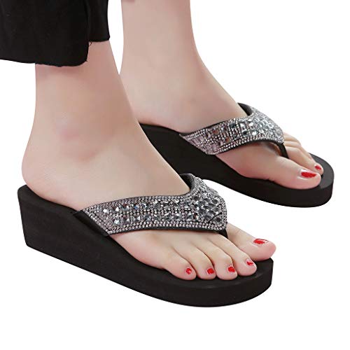 Boho Flip-Flops Sommer Strasssteinen Flip Flops Damen Keil Zehentrenner mit Perle Freizeit Strandschuhe Clip -Toe Hausschuhe Strandschuhe Plateau Schlappen Römische Pantoffeln von KEIZHUONIQIU