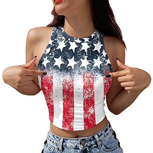 Damen Sexy Cami Crop Top Bauchfreies Camisole USA Flagge Tank Top Ohne Ärmel Spagehtti Träger Oberteil Modische Tops Tshirts Spitzen Träger Shirts von KEIZHUONIQIU