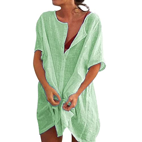 Damen Strandkleid Bikini Cover Up mit Rundhalsausschnitt Knopfleiste Kurzarm Beach Strandponcho Pareos Sommerkleid Locker Bademode Leichte Bequem Strandtunika Vertuschen Shirt für Urlaub von KEIZHUONIQIU