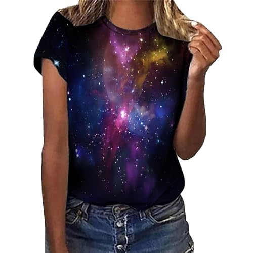 Damen T-Shirt Galaxie Drucken Bluse Kurzarm Rundhalsausschnitt T-Shirt Oberteile Locker Frauen Oberteile Sommer Alltag Crop Top Sport T-Shirts Teenager Mädchen Kleidung Y2k Sommerkleidung von KEIZHUONIQIU